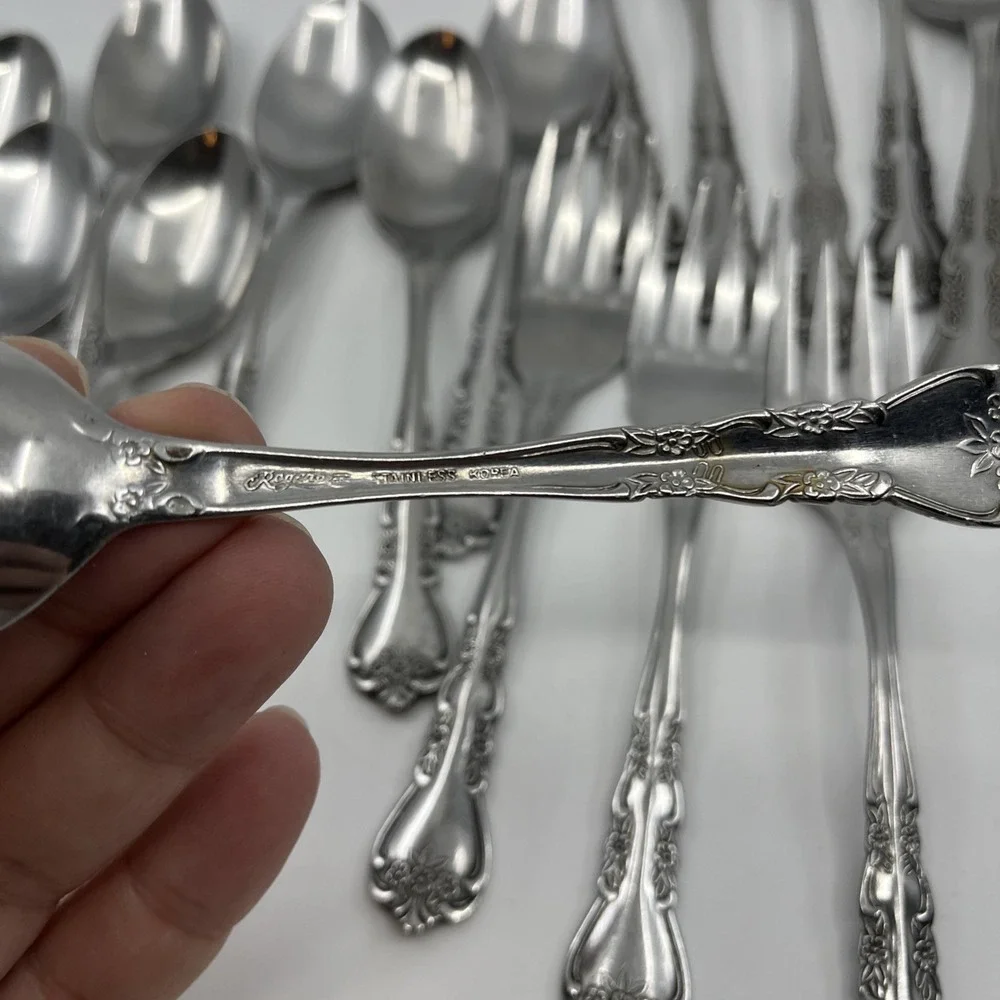 24 Rogers Rose Floral Glossy Stainless Flatware And Serving Spoon Fork Korea Vtg